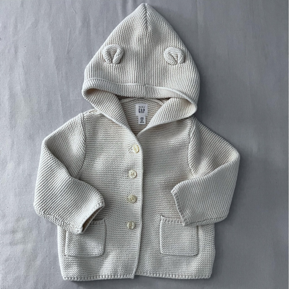Baby GAP Cotton Knit Hooded Sweater Teddy Bear Ears 12 - 18 mo Cream